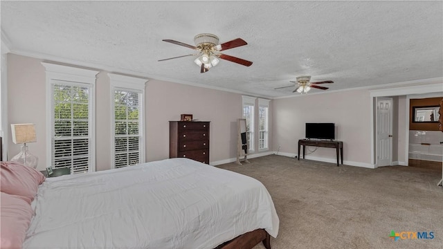 bedroom with crown molding, light colored carpet, ceiling fan, and a textured ceiling