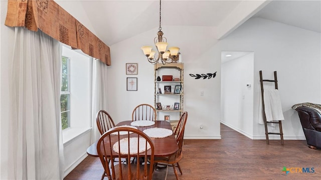 dining room featuring an inviting chandelier, dark hardwood / wood-style floors, and vaulted ceiling