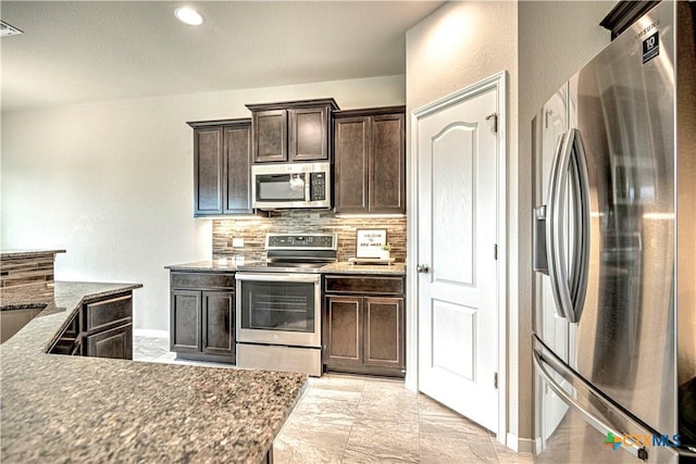 2002 Hayes St, Temple, TX 76502 - kitchen with decorative backsplash, dark brown cabinetry, visible vents, baseboards, and stainless steel appliances
