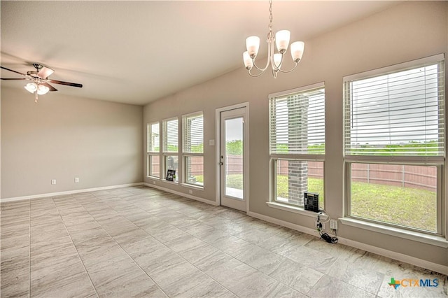 2002 Hayes St, Temple, TX 76502 - unfurnished room featuring baseboards, ceiling fan with notable chandelier, and light tile patterned flooring
