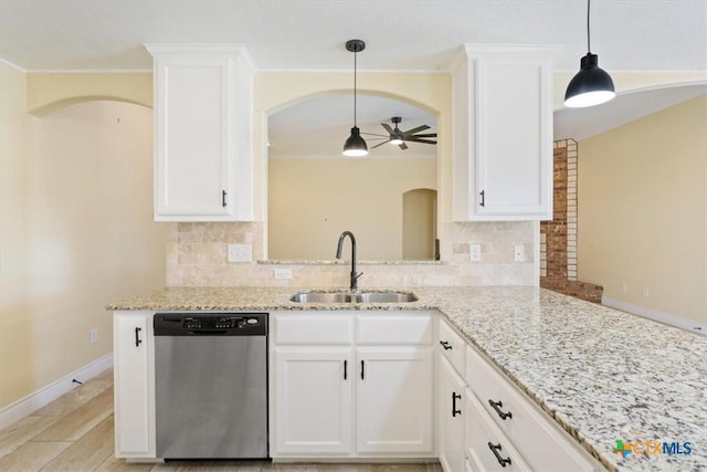 1129 Wren Cir, Copperas Cove, TX 76522 - kitchen with dishwasher, ceiling fan, light stone counters, decorative backsplash, and crown molding