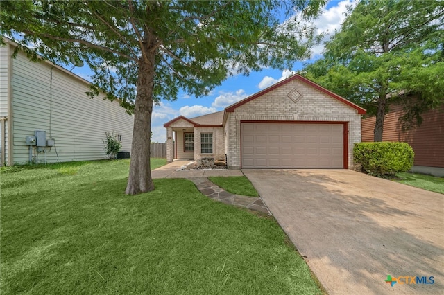 ranch-style house with a garage and a front yard