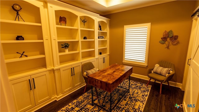 home office featuring crown molding and dark wood-type flooring