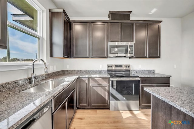 kitchen featuring dark brown cabinetry, sink, light wood-type flooring, and appliances with stainless steel finishes