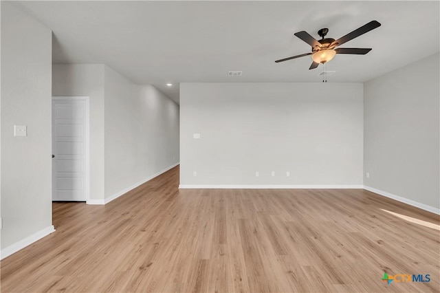 empty room featuring ceiling fan and light hardwood / wood-style flooring