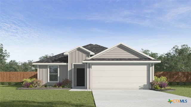 view of front of house featuring an attached garage, board and batten siding, fence, driveway, and a front lawn