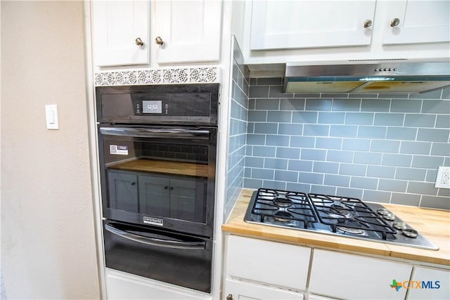 kitchen with white cabinetry, stainless steel gas stovetop, butcher block counters, and ventilation hood