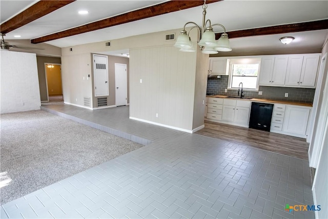 kitchen featuring sink, decorative light fixtures, dishwasher, decorative backsplash, and white cabinets