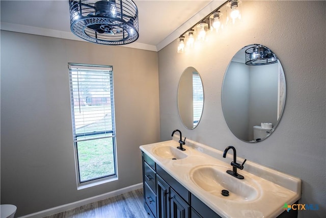 bathroom featuring vanity, wood-type flooring, ornamental molding, and toilet