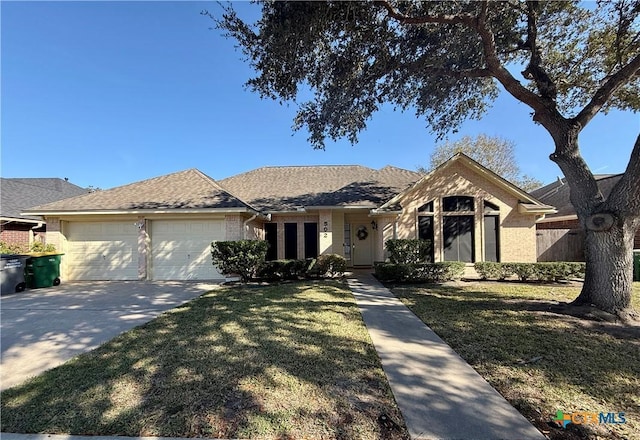 single story home with a garage and a front yard