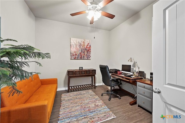 office area with hardwood / wood-style floors and ceiling fan