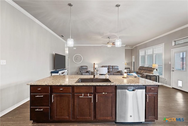 kitchen featuring pendant lighting, dark brown cabinetry, dark hardwood / wood-style floors, and dishwasher