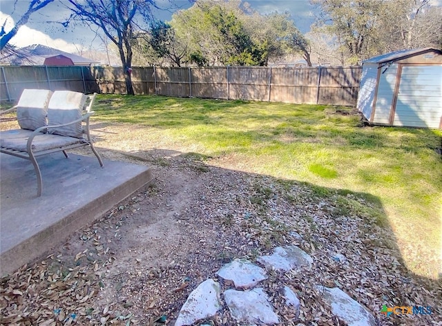 view of yard featuring a fenced backyard, an outdoor structure, a patio, and a storage unit