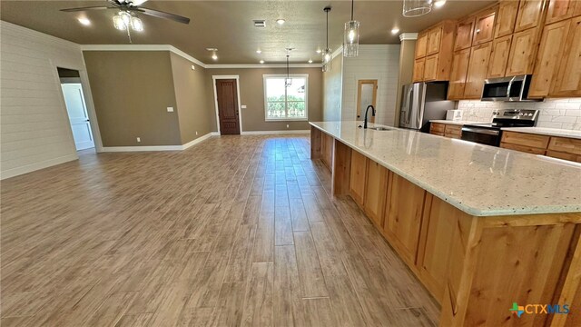 kitchen featuring hanging light fixtures, appliances with stainless steel finishes, a large island with sink, and light hardwood / wood-style floors