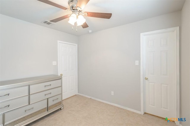 unfurnished bedroom with a ceiling fan, visible vents, and baseboards