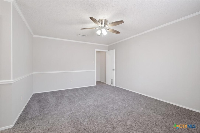 7503 Islander Dr, Austin, TX 78749 - carpeted empty room with a ceiling fan, a textured ceiling, crown molding, and baseboards
