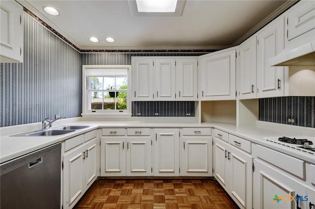 kitchen featuring dishwasher, white cabinetry, a sink, and light countertops
