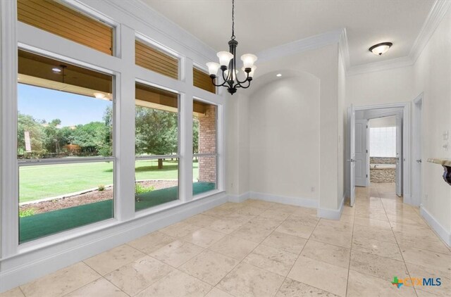2901 Chisholm Trl, Salado, TX 76571 - unfurnished dining area with ornamental molding, a chandelier, and light tile patterned floors