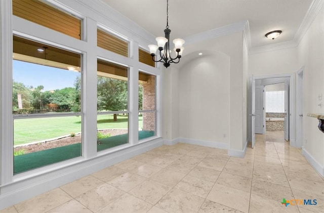 2901 Chisholm Trl, Salado, TX 76571 - unfurnished dining area featuring crown molding, a chandelier, and light tile patterned floors