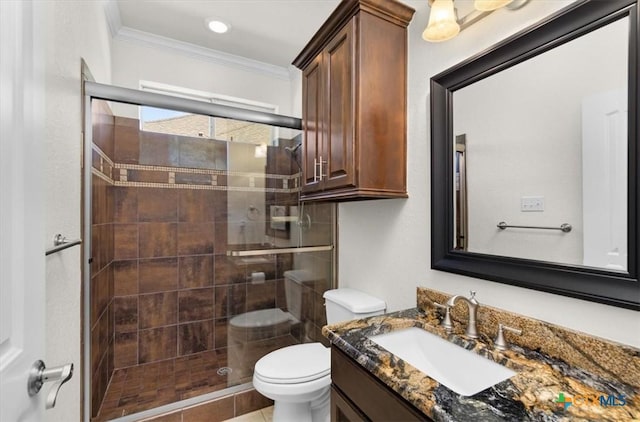 2901 Chisholm Trl, Salado, TX 76571 - full bathroom with vanity, a stall shower, crown molding, and tile patterned floors
