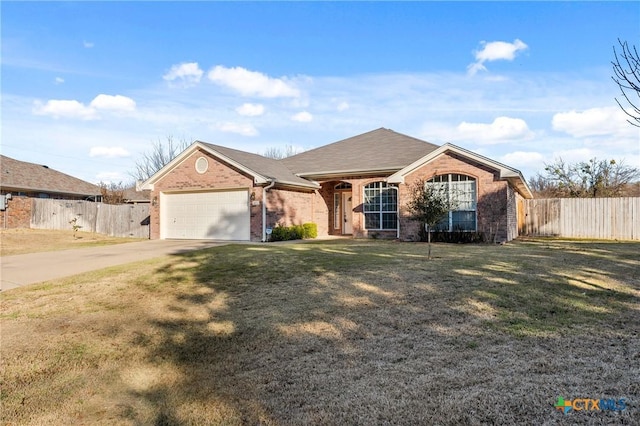 ranch-style house with a front yard and a garage