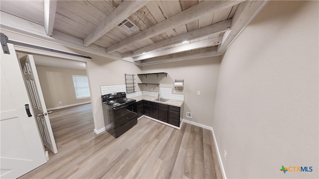 kitchen with light wood-type flooring, dark brown cabinets, sink, black / electric stove, and wooden ceiling