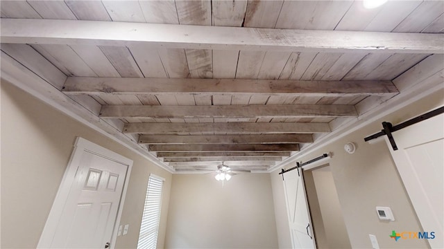 details featuring a barn door, ceiling fan, beam ceiling, and wood ceiling