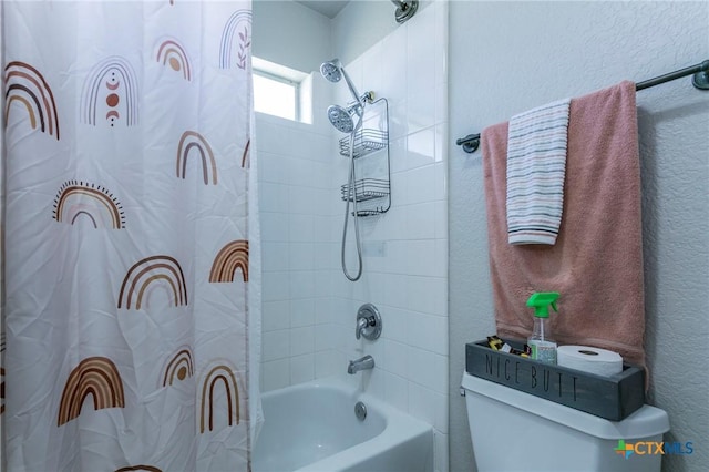 bathroom with toilet and shower / tub combo with curtain