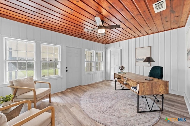 office with wooden ceiling, visible vents, light wood finished floors, and ceiling fan