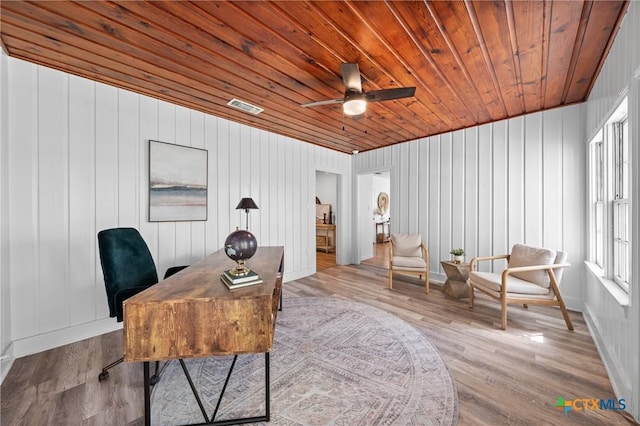 office space featuring visible vents, wood ceiling, a ceiling fan, and wood finished floors