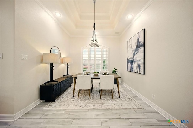 1127 Redleaf Dr, Nolanville, TX 76559 - dining room featuring a tray ceiling, ornamental molding, a chandelier, marble look tile flooring, and recessed lighting