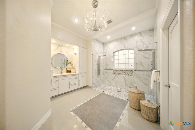 1127 Redleaf Dr, Nolanville, TX 76559 - bathroom featuring crown molding, a marble finish shower, vanity, a chandelier, and recessed lighting