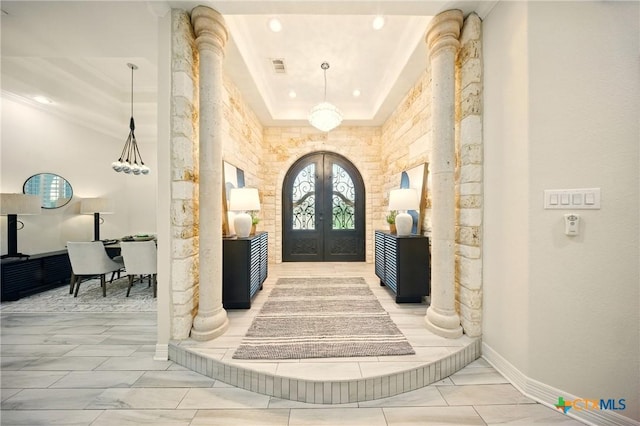 1127 Redleaf Dr, Nolanville, TX 76559 - entryway with french doors, recessed lighting, decorative columns, baseboards, and a tray ceiling