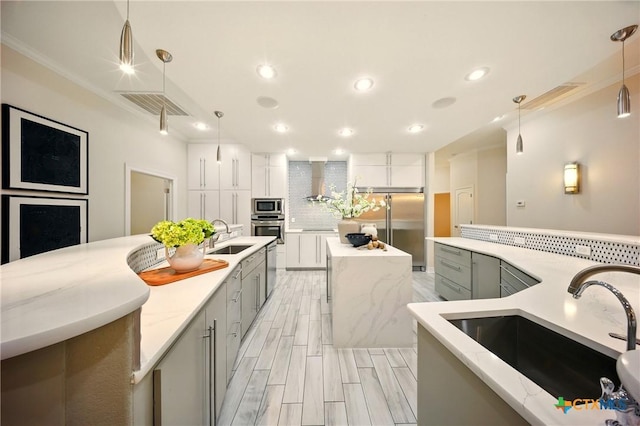 1127 Redleaf Dr, Nolanville, TX 76559 - kitchen with a spacious island, built in appliances, a sink, recessed lighting, and hanging light fixtures