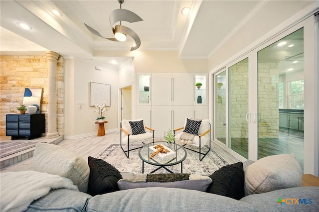 1127 Redleaf Dr, Nolanville, TX 76559 - living area featuring ornamental molding, light wood-style floors, recessed lighting, decorative columns, and baseboards
