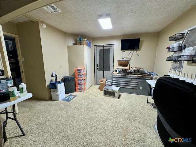 miscellaneous room featuring carpet floors and a textured ceiling