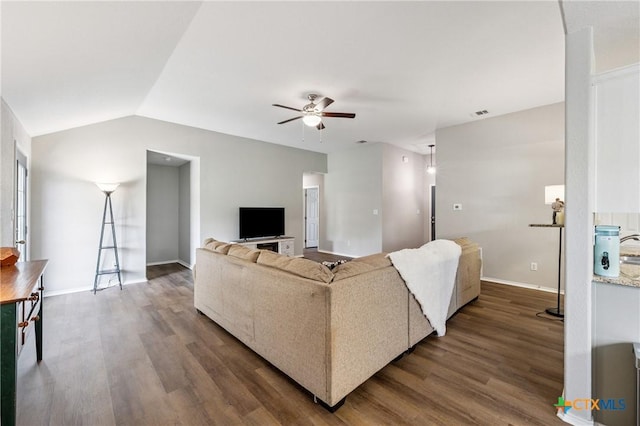 2617 Turning Creek St, Temple, TX 76504 - living room featuring a ceiling fan, dark wood-style flooring, and lofted ceiling
