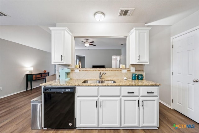 2617 Turning Creek St, Temple, TX 76504 - kitchen featuring black dishwasher, ceiling fan, decorative backsplash, and white cabinetry