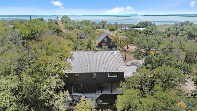 aerial view featuring a water view