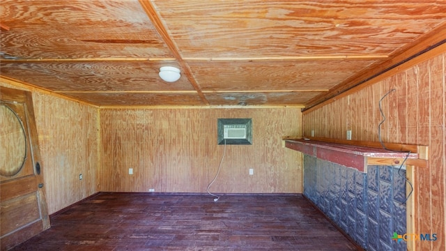 interior space featuring dark wood-type flooring and wood walls