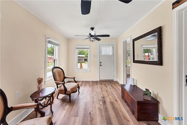 living area featuring ceiling fan, crown molding, a healthy amount of sunlight, and light hardwood / wood-style flooring