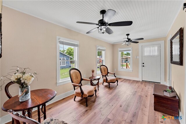 living area featuring ceiling fan, light hardwood / wood-style flooring, and crown molding