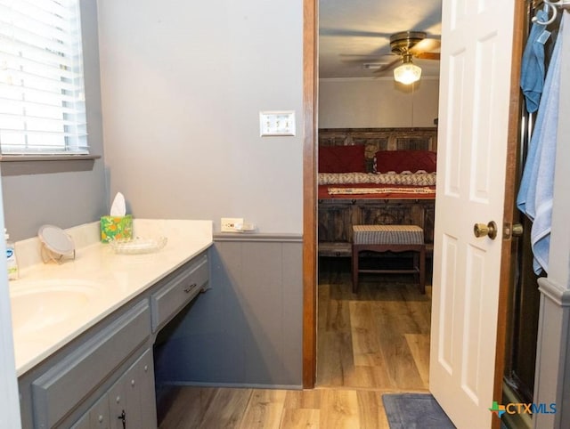 3309 Cottonwood Ln, Temple, TX 76502 - bathroom with wood finished floors, a ceiling fan, vanity, and a wainscoted wall