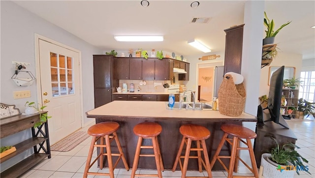 kitchen featuring sink, dark brown cabinets, light tile patterned flooring, white electric stove, and kitchen peninsula