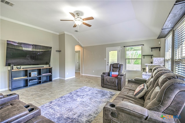 living room with lofted ceiling, ceiling fan, and crown molding