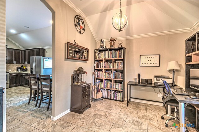 office with crown molding and vaulted ceiling