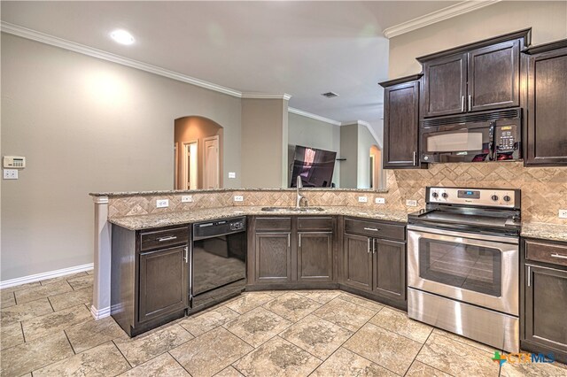 kitchen with sink, black appliances, decorative backsplash, and ornamental molding