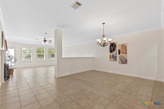 7778 Little Deer Trl, Georgetown, TX 78628 - unfurnished room featuring baseboards, visible vents, light tile patterned flooring, ceiling fan with notable chandelier, and crown molding