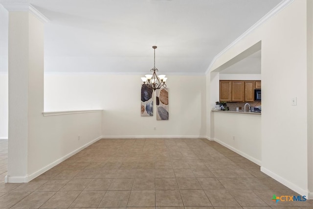 7778 Little Deer Trl, Georgetown, TX 78628 - unfurnished dining area featuring baseboards, an inviting chandelier, crown molding, and light tile patterned flooring