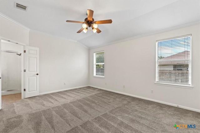 7778 Little Deer Trl, Georgetown, TX 78628 - empty room featuring carpet, a ceiling fan, crown molding, visible vents, and baseboards
